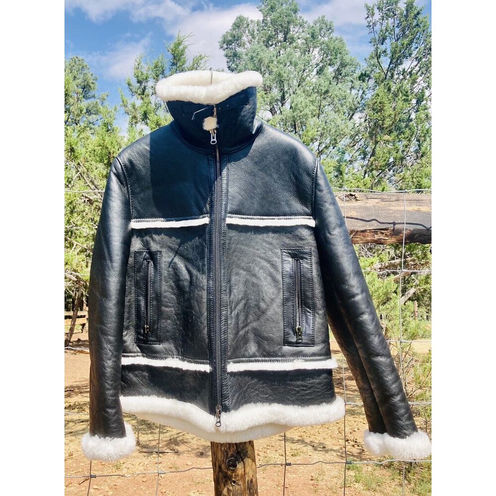 OVERLAND Black Shearling Leather Sheepskin Coat, Sz 48 XL Bomber Moto White Trim